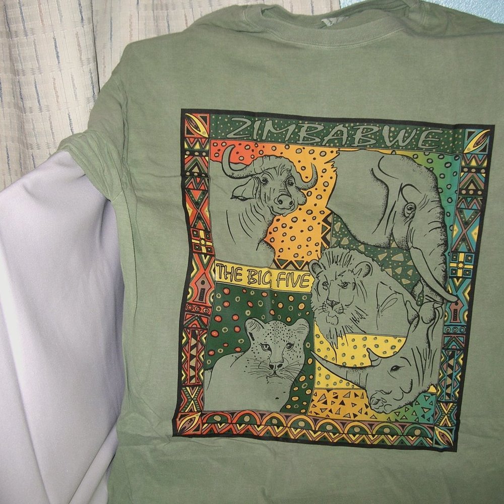 Zimbabwe "The Big Five" Wild Life Tee Shirt Size Xl Green~ Beautiful!!
